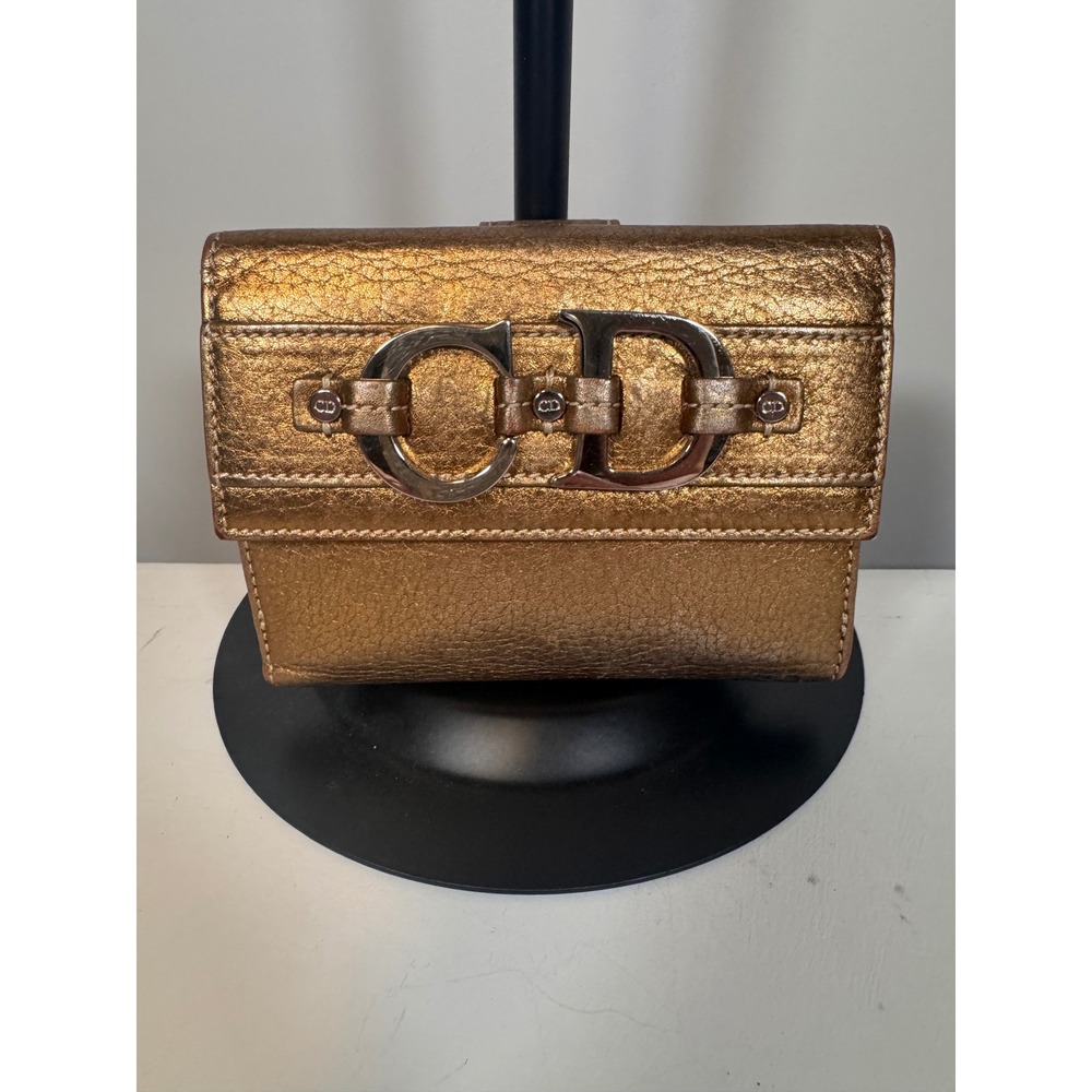Christian Dior Metallic Bronze Leather Compact Wallet CD Logo Vintage